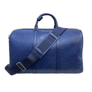 【GUCCI 古馳】725282 經典壓印LOGO牛皮波士頓手提包/斜背旅行袋(藍色)