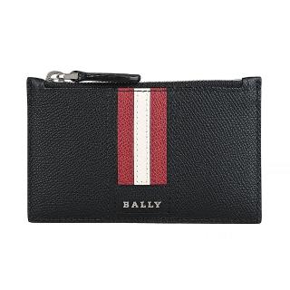 【BALLY】TENLEY銀色金屬LOGO紅白條紋粒面牛皮4卡拉鍊卡夾零錢包(黑)