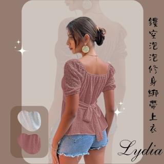 【Lydia】現貨 短袖上衣 鏤空泡泡袖綁帶修身上衣(白、粉 Free)