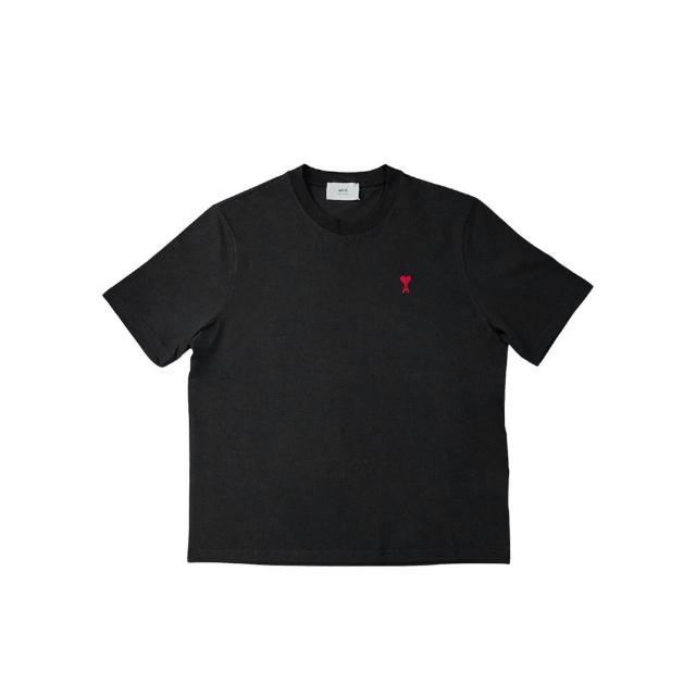 【AMI PARIS】紅刺繡愛心logo棉質圓領短袖T-Shirt(黑)