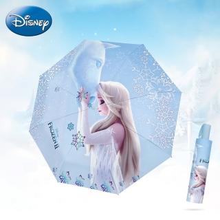 【Disney 迪士尼】冰雪奇緣艾莎公主三折自動黑膠晴雨傘摺疊傘(小熊維尼/熊抱哥/史迪奇 防曬 遮陽)