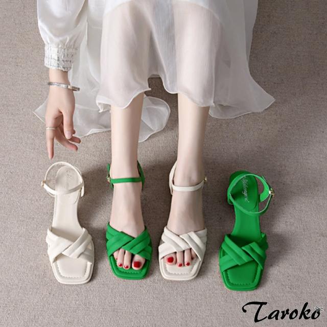 【Taroko】輕鬆步伐一字扣圓頭粗高跟涼鞋(2色可選)