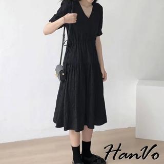 【HanVo】時尚氣質素色V領長裙(簡約寬鬆高級感洋裝 韓系女裝 女生衣著 3713)