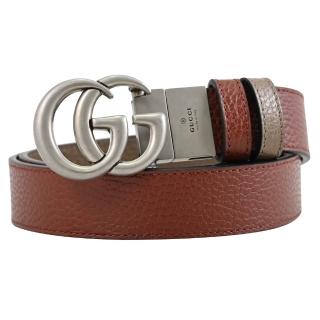 【GUCCI 古馳】GG Marmont 金屬雙G LOGO雙面窄版時尚皮帶(紅棕/咖)