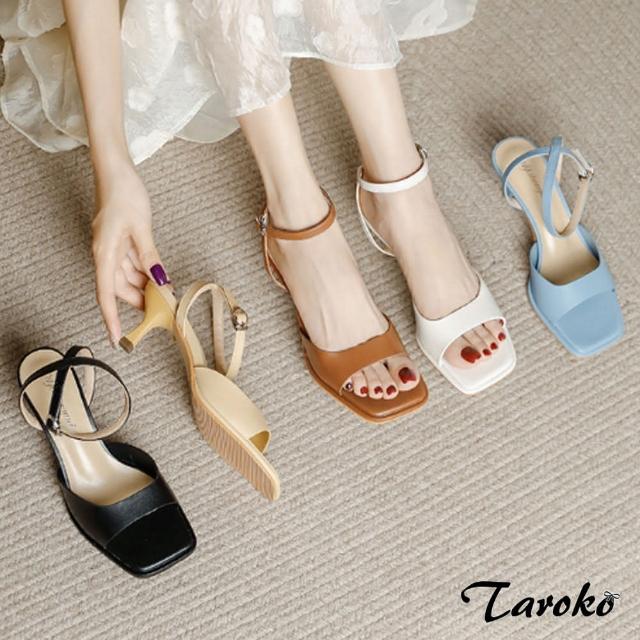【Taroko】性感交叉全真牛皮方頭低跟涼鞋(5色可選)