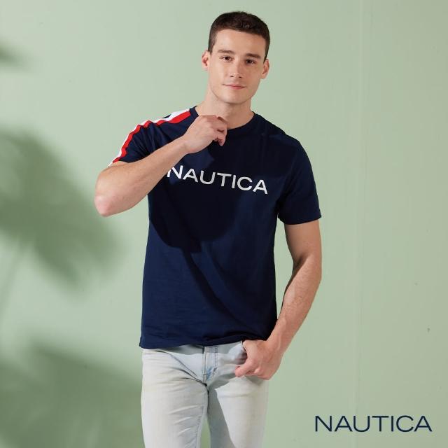 【NAUTICA】男裝 撞色織帶LOGO短袖T恤(深藍)