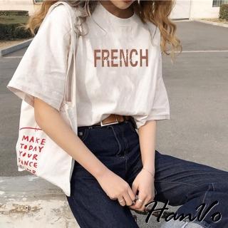 【HanVo】FRENCH字母寬鬆T恤(棉質吸濕透氣排汗 舒適百搭上衣 韓系女裝 女生衣著 0118)