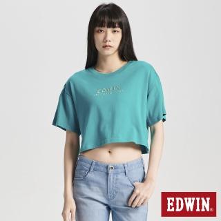 【EDWIN】女裝 簡約刺繡印花寬短版短袖T恤(土耳其藍)