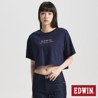 【EDWIN】女裝 簡約刺繡印花寬短版短袖T恤(丈青色)