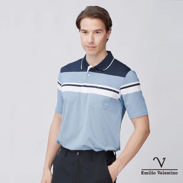 【Emilio Valentino 范倫鐵諾】男裝 吸濕速乾涼感彈性胸袋短袖POLO衫_藍/白(21-4V8827)