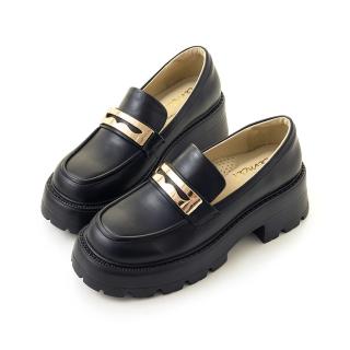 【amai】時尚率性風格金屬釦厚底樂福鞋 紳士鞋 厚底鞋 粗跟 學院風 百搭 大尺碼 LF24-74BK(黑色)