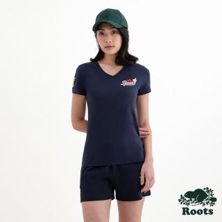 【Roots】Roots 女裝- CANADA BEAVER V領修身短袖T恤(軍藍色)