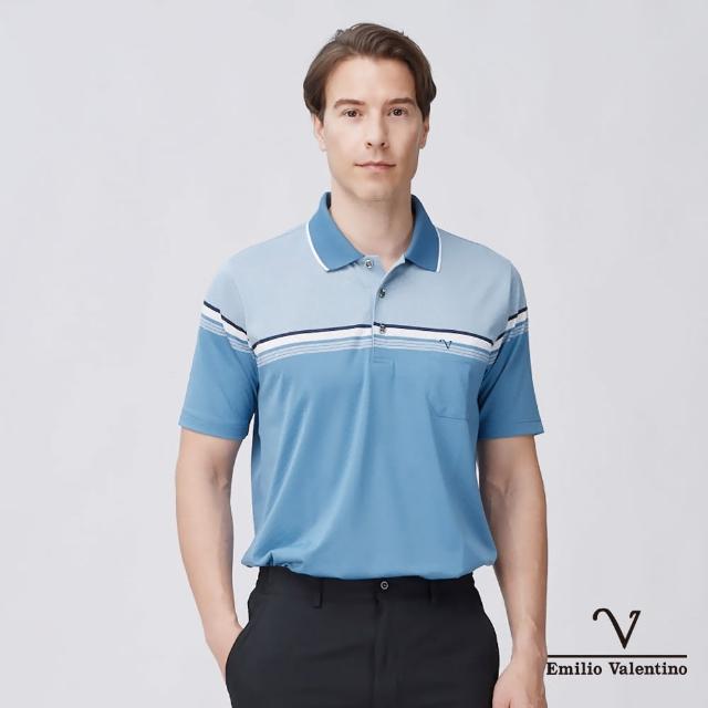 【Emilio Valentino 范倫鐵諾】男裝 吸濕速乾涼感彈性胸袋短袖POLO衫_藍/白(66-4V8121)