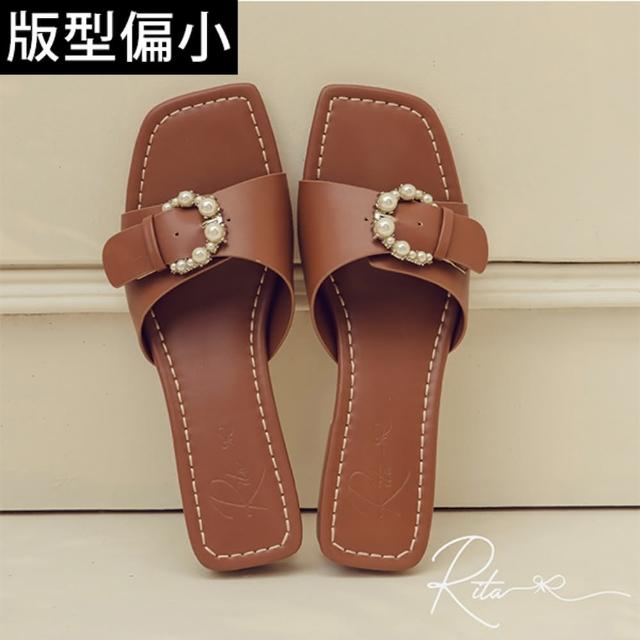 【Ann’S】ANNSTAR RITA聯名-一抹輕甜可調節珍珠釦平底涼鞋-版型偏小(棕)