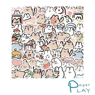 【Paper Play】創意多用途防水貼紙-萌趣可愛貓咪兔兔 60枚入(防水貼紙 行李箱貼紙 手機貼紙 水壺貼紙)