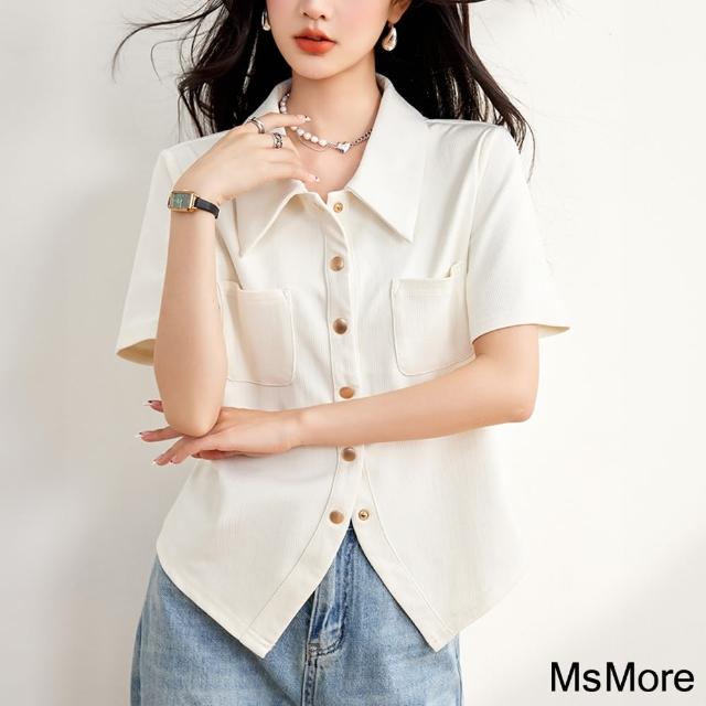 【MsMore】杏色短袖襯衫設計感微甜POLO領短版上衣#121925(杏)