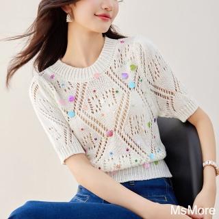 【MsMore】韓系甜美圓領鏤空短袖高腰短款針織衫短版上衣#121916(白)
