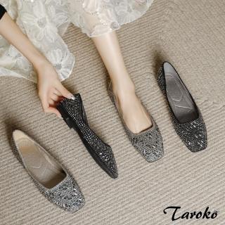 【Taroko】復古風潮水鑽套腳方頭低跟平底休閒鞋(2色可選)