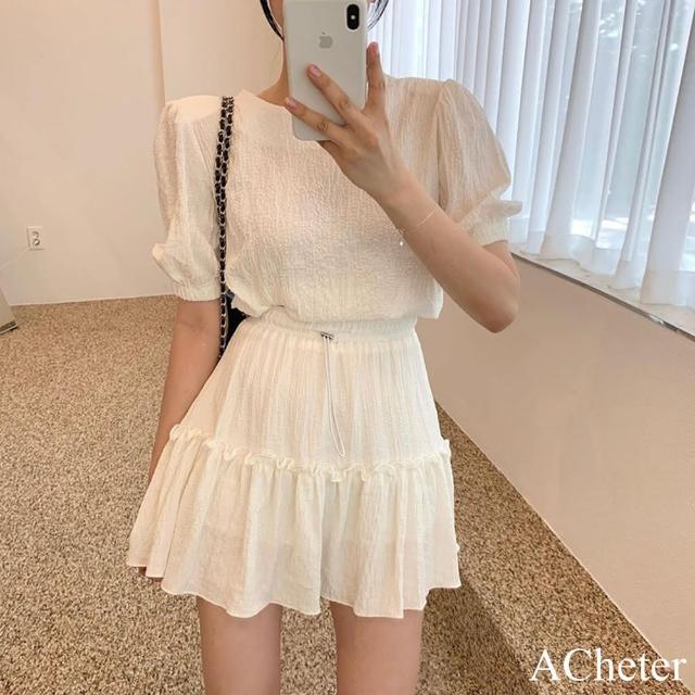 【ACheter】韓國泡泡短袖短款上衣高腰+木耳邊半身短裙兩件式套裝#121980(白/黑)