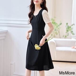 【MsMore】法式赫本風方領黑色拼接短袖連身裙顯瘦高腰氣質長洋裝#121766(黑)