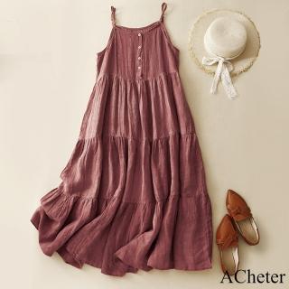 【ACheter】棉麻感蛋糕裙吊帶連身裙沙灘休閒渡假長版洋裝#121928(紅/黃/藍)