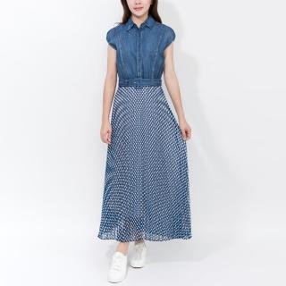 【SingleNoble 獨身貴族】日系異素材拼接牛仔點點裙洋裝(1色)