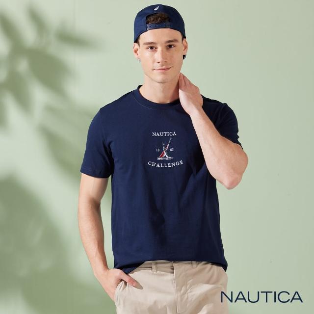 【NAUTICA】男裝 經典品牌LOGO帆船刺繡短袖T恤(深藍)