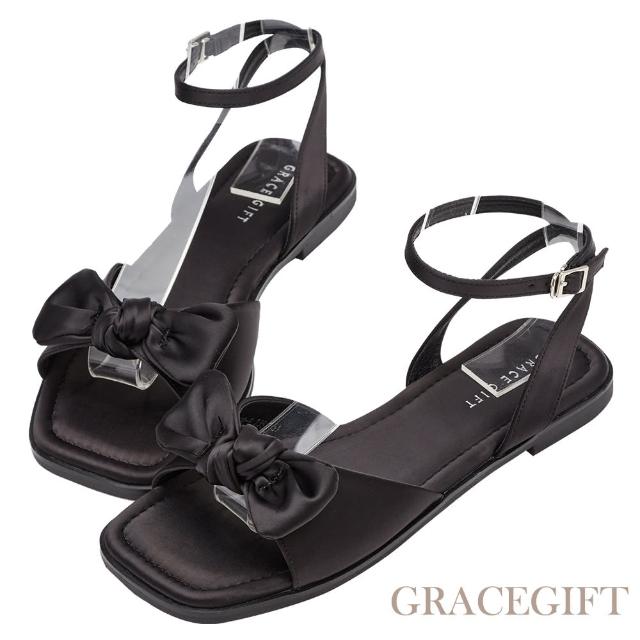 【Grace Gift】立體蝴蝶結方頭繞踝平底涼鞋(黑)