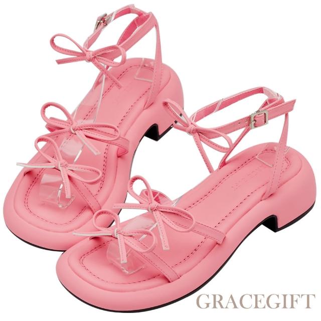 【Grace Gift】氣質細帶蝴蝶結繫踝中跟涼鞋(桃紅)