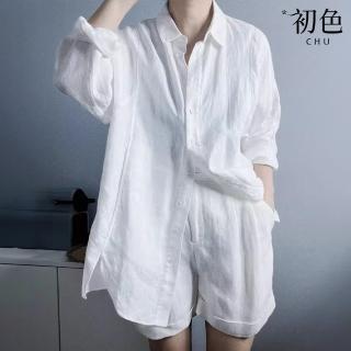 【初色】棉麻風格防曬薄款寬鬆翻領單排扣襯衫長袖上衣女上衣-白色-34803(M-3XL可選)