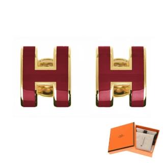 【Hermes 愛馬仕】H608002F B7 經典Mini Pop H 簍空LOGO耳針式金邊耳環(紅色)