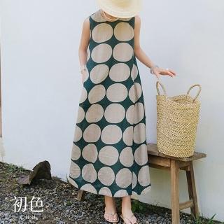 【初色】圓領大圓點印花棉麻風寬鬆顯瘦無袖連身裙洋裝-綠色-34789(M-2XL可選)
