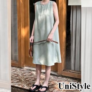 【UniStyle】條紋無袖洋裝 韓版後背小心機連身裙 女 UV7081(淺綠)