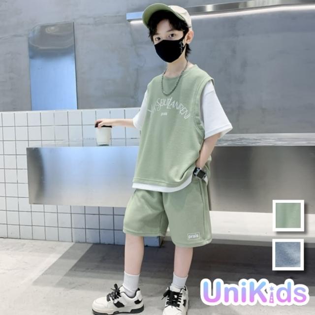【UniKids】中大童裝2件套裝假兩件華夫格短袖T恤運動五分褲 男大童裝 VP015(綠 灰)