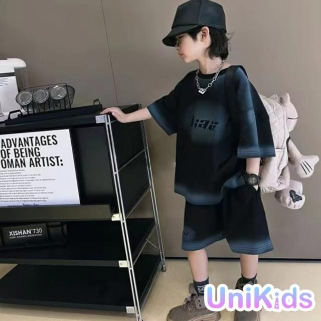 【UniKids】中大童裝2件套裝漸變色短袖T恤休閒五分褲 男大童裝 VP82315(黑)
