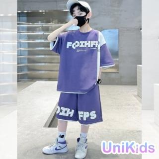 【UniKids】中大童裝2件套裝塗鴉字母短袖T恤運動五分褲 男大童裝 VPSY6750(紫)