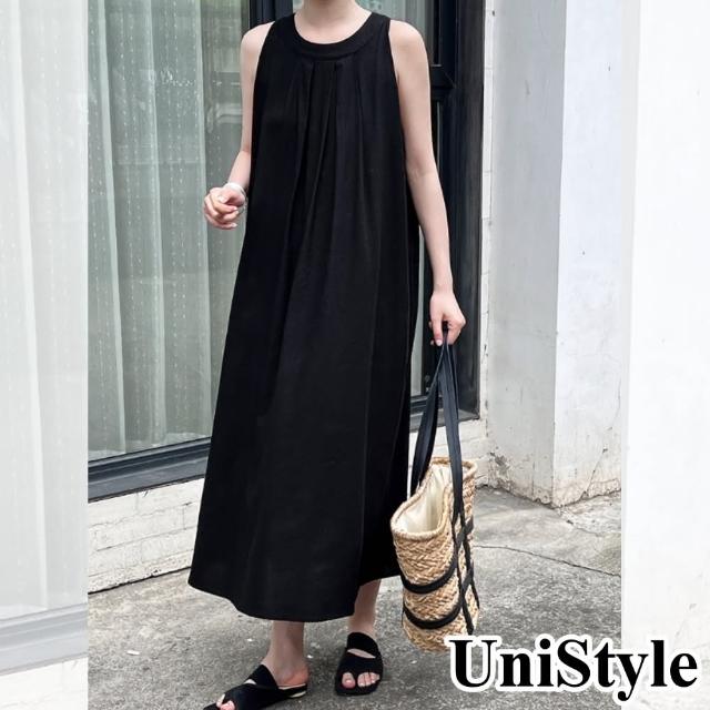 【UniStyle】棉麻無袖洋裝 韓版掛脖度假風 女 UV9839(黑)
