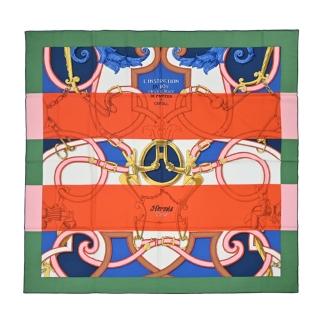 【Hermes 愛馬仕】LInstruction du Roy Bayadere 140 cm手工捲邊喀什米爾與真絲混紡方巾(淺青苔/橘/皇家藍)