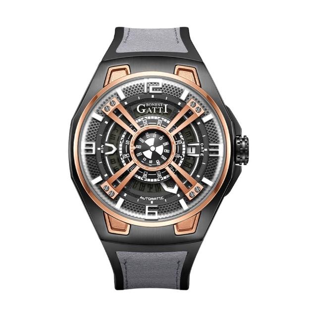 【BONEST GATTI】布加迪 黑+玫瑰金框 曲面鏡面 多層次錶盤 帆布+氟橡膠錶帶 機械手錶(BG5803-A1)