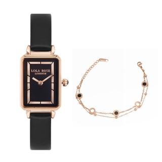 【LOLA ROSE】簡約黑面 玫瑰金框 皮革錶帶 方形手錶 女錶 贈手鍊(LR2133)