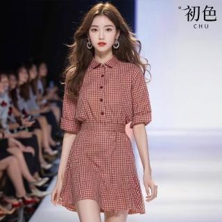 【初色】翻領泡泡袖五分短袖紅格紋襯衫裙連衣裙連身洋裝-紅色-34875(M-XL可選)