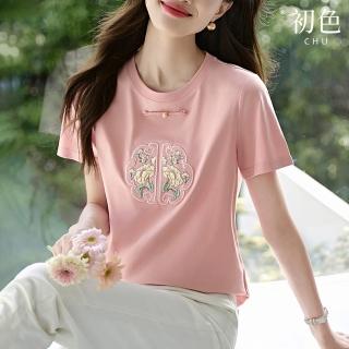 【初色】新中式刺繡立體圖案圓領短袖T恤上衣女上衣-共2色-34818(M-2XL可選)