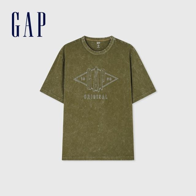 【GAP】男女同款 Logo純棉圓領短袖T恤 水洗棉系列-綠色(463153)