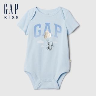 【GAP】嬰兒裝 Logo純棉小熊印花圓領短袖包屁衣-天藍色(402477)