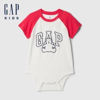 【GAP】嬰兒裝 Logo純棉小熊印花圓領短袖包屁衣-紅白拼接(434527)