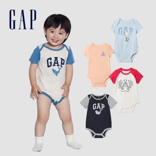 【GAP】嬰兒裝 Logo純棉小熊印花圓領短袖包屁衣-象牙白(402477)