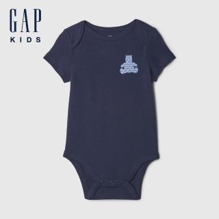 【GAP】嬰兒裝 Logo純棉小熊印花圓領短袖包屁衣-海軍藍(427711)