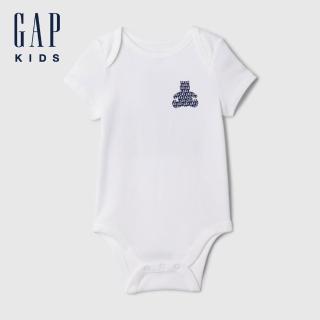 【GAP】嬰兒裝 Logo純棉小熊印花圓領短袖包屁衣-白色(427711)