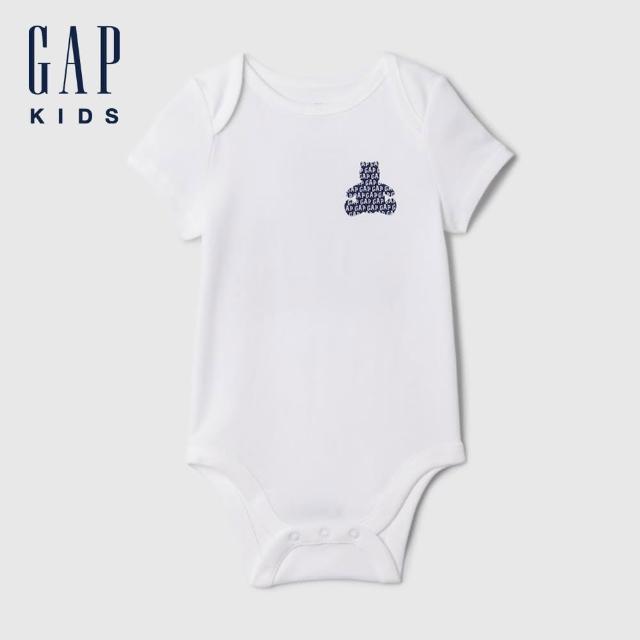 【GAP】嬰兒裝 Logo純棉小熊印花圓領短袖包屁衣-白色(427711)