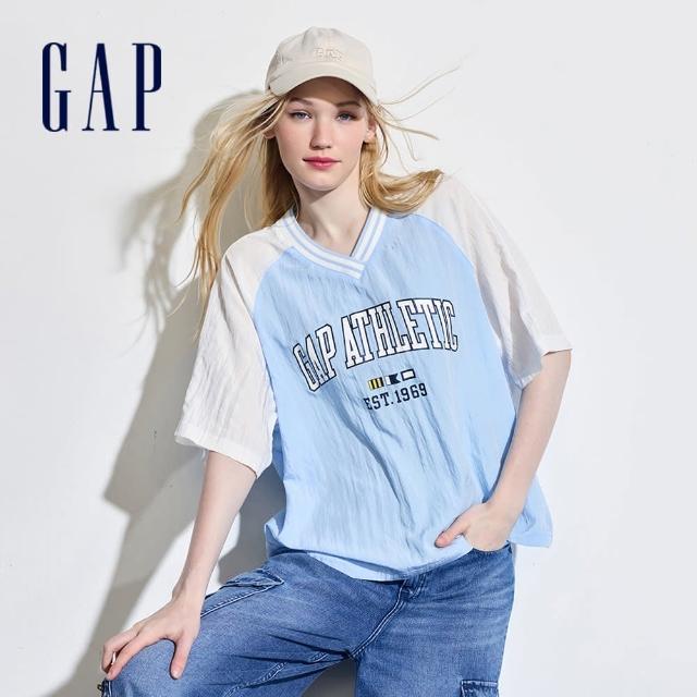 【GAP】女裝 Logo印花V領短袖T恤-藍色(465685)
